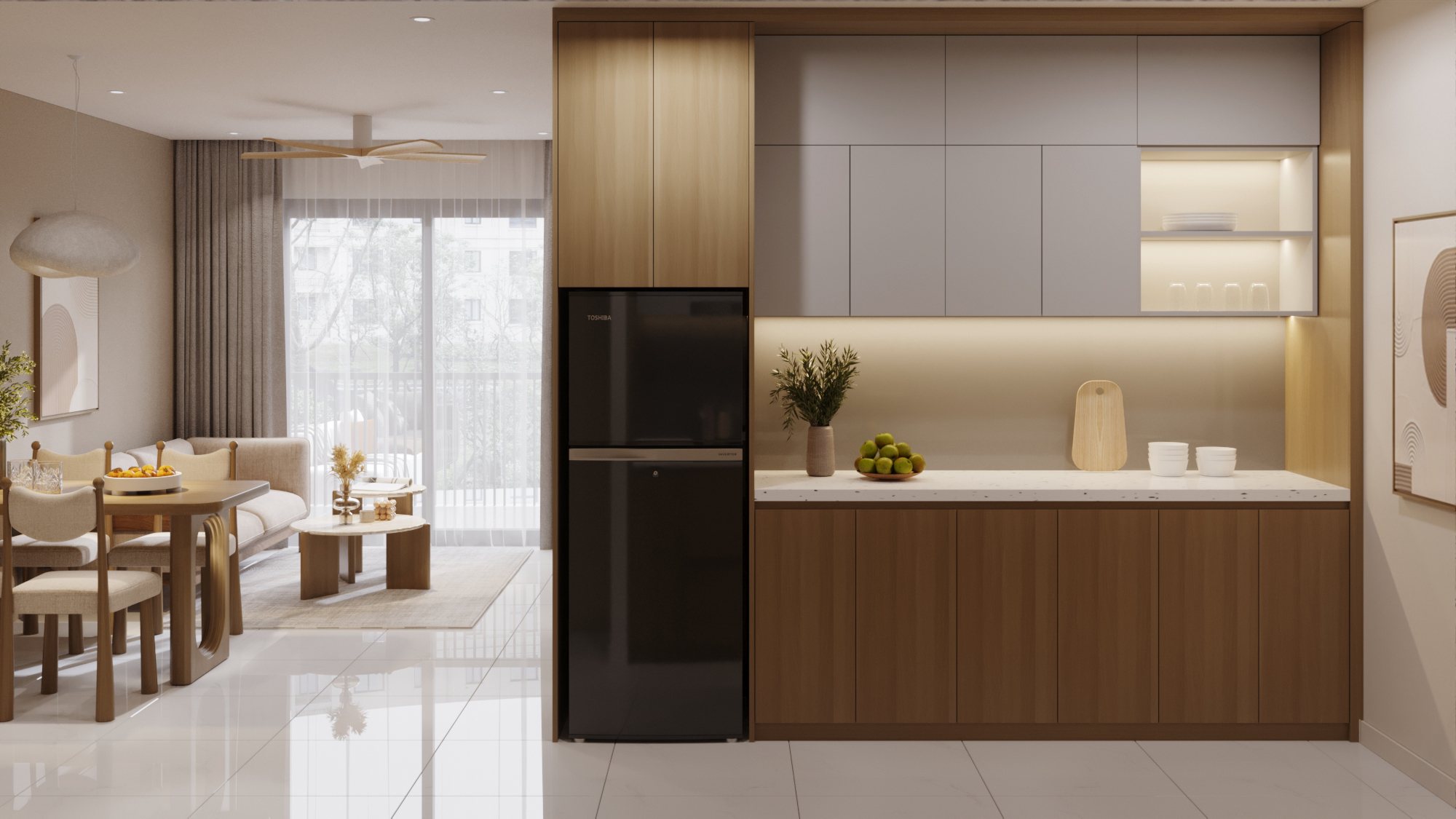Căn hộ mẫu 2PN – phòng khách và bếp